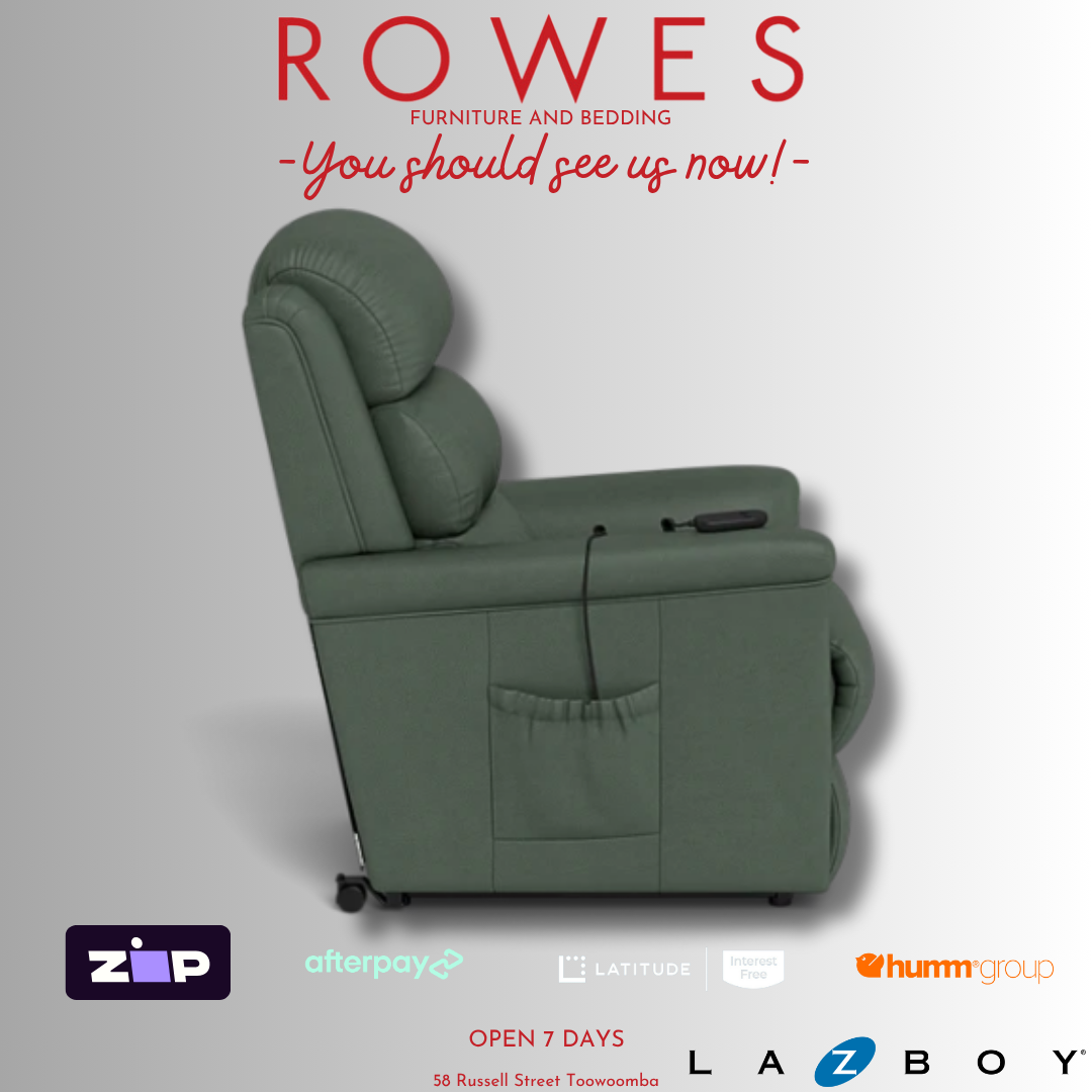 Green recliner chair with promotional text and logos on a gray background
