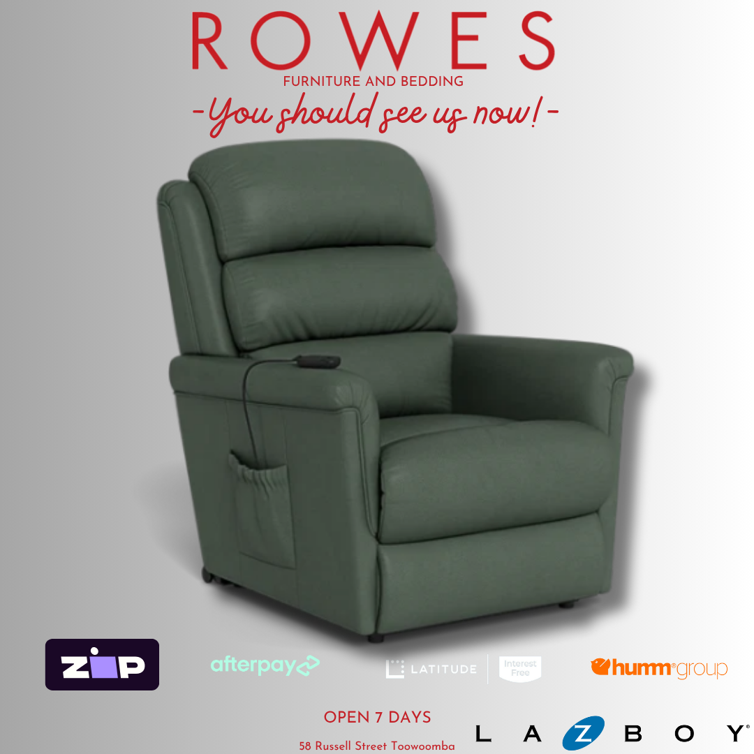 Green recliner chair with promotional text and logos on a gray background
