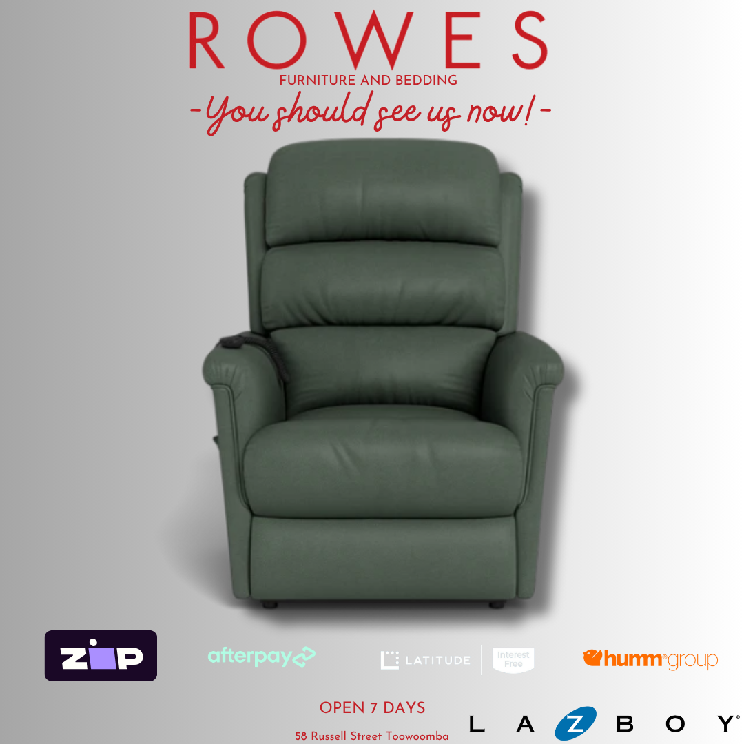 Green recliner chair with 'Rowes Furniture and Bedding' text and logos on a gray background
