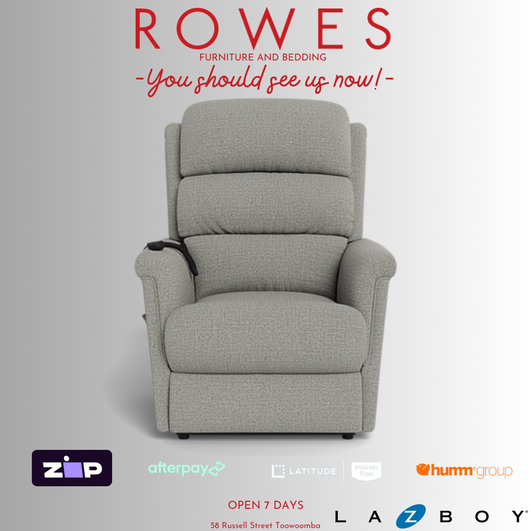 Gray recliner chair with 'Rowes Furniture and Bedding' text and logos on a gray background