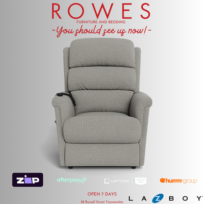 Gray recliner chair with 'Rowes Furniture and Bedding' text and logos on a gray background