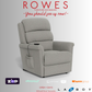 Gray recliner chair with promotional text and logos on a white background