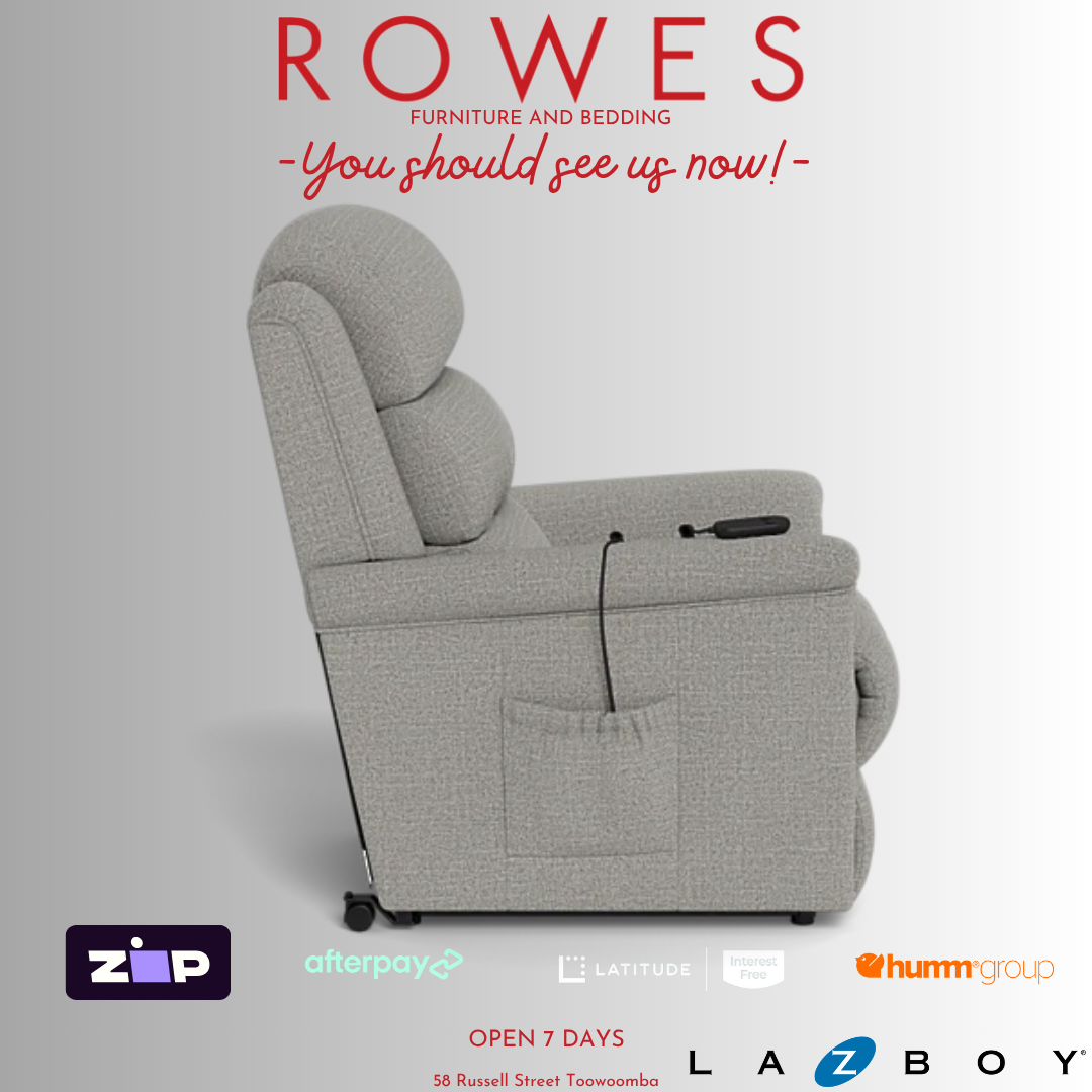Gray recliner chair with promotional text and logos on a white background