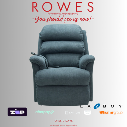 Blue recliner chair with promotional text and logos on a gray background