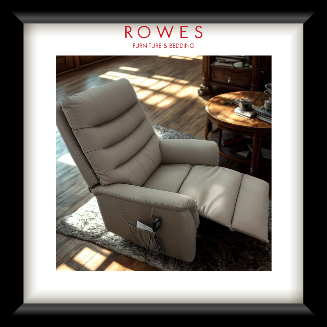 Beige recliner chair in a living room setting with 'Rowes Furniture & Bedding' branding.