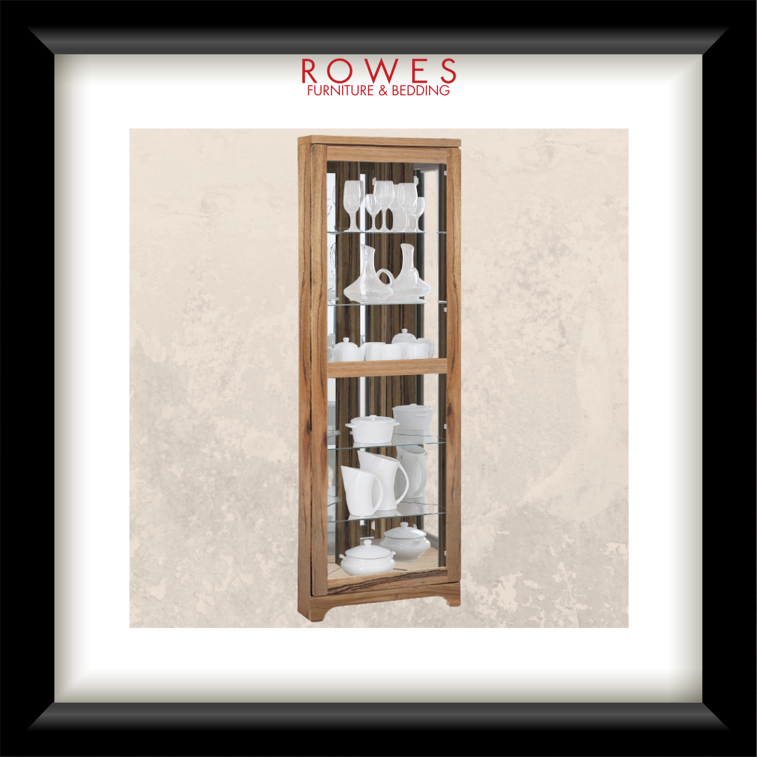 Wooden display cabinet with glass doors showcasing various items, branded as Rowes Furniture & Bedding.