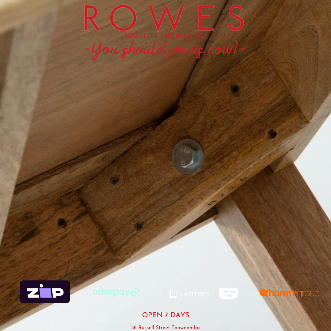 Close-up of wooden furniture with 'ROWES' branding and contact information.