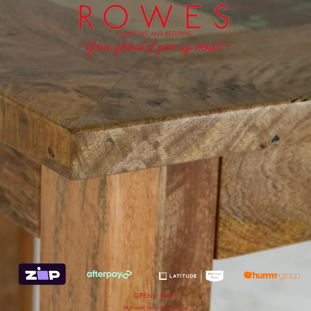 Wooden furniture with 'ROWES' branding and payment options displayed.
