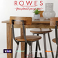 Wooden dining table with chairs and decorative items on a white background, featuring the brand 'Rowes'.