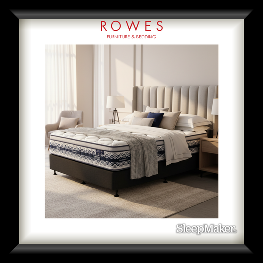 Bedroom scene with a bed and pillows, featuring 'Rowes Furniture & Bedding' and 'SleepMaker' branding.