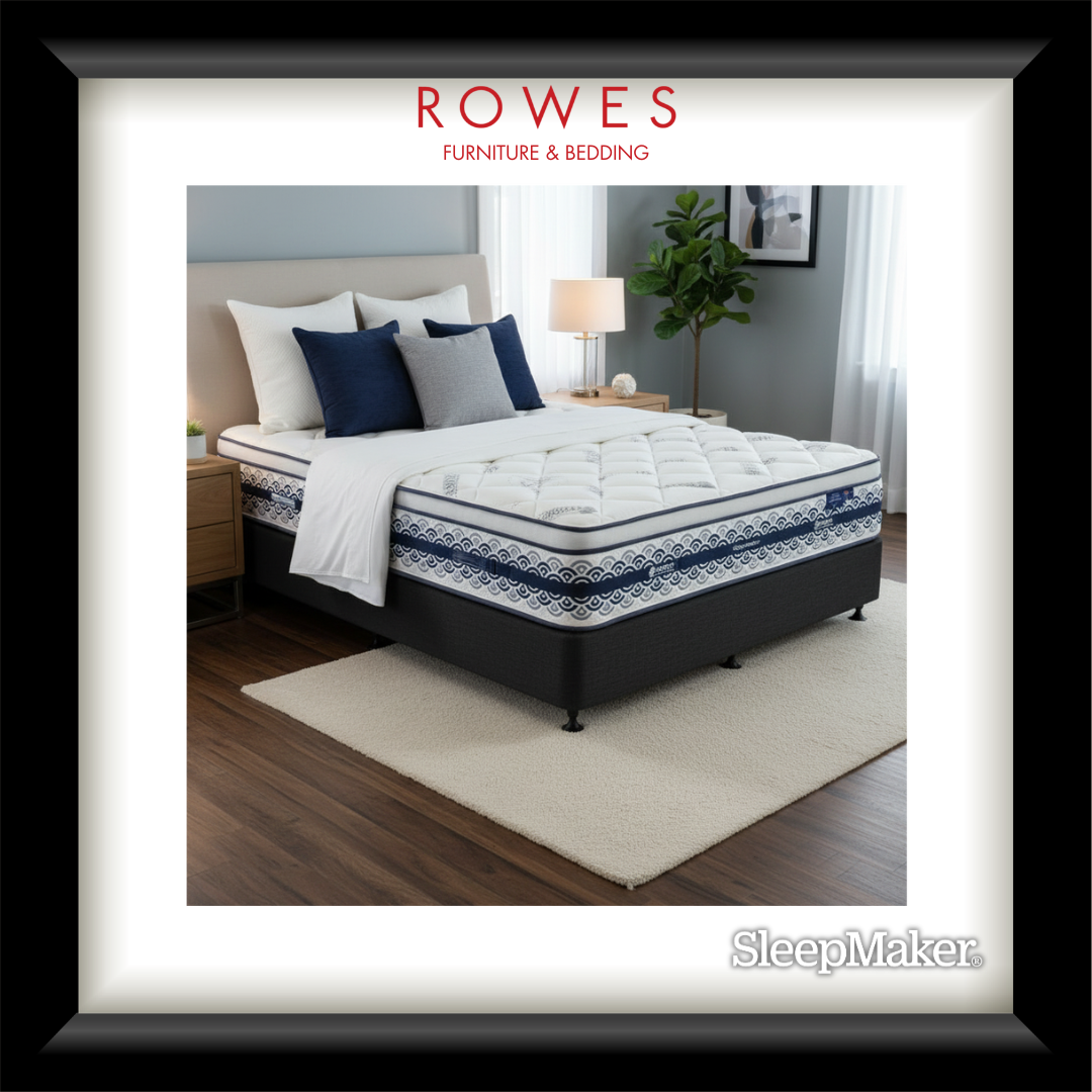 Mattress on a bed in a bedroom setting with 'Rowes Furniture & Bedding' branding.