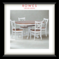 A white dining table surrounded by matching chairs. The top of the dining table and the seats of the chairs are all natural timber coloured. The Rowes branding is prominent. 