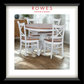 A white dining table surrounded by matching chairs. The top of the dining table and the seats of the chairs are all natural timber coloured. The Rowes branding is prominent. 