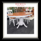A white dining table surrounded by matching chairs. The top of the dining table and the seats of the chairs are all natural timber coloured. The Rowes branding is prominent. 