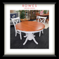 A white dining table surrounded by matching chairs. The top of the dining table and the seats of the chairs are all natural timber coloured. The Rowes branding is prominent. 
