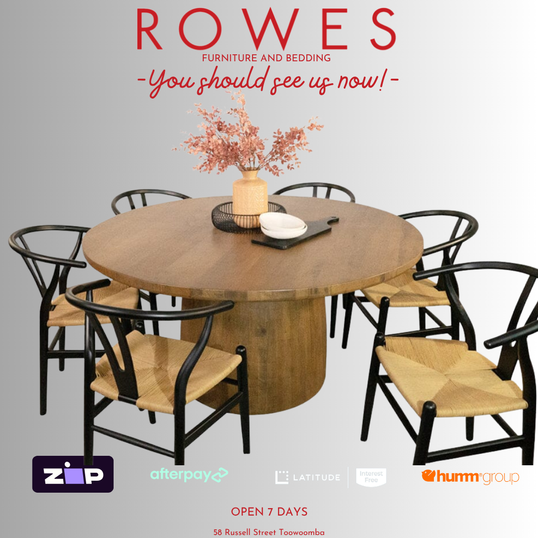 Dining table set with chairs and a vase on a gray background, featuring 'Rowes' furniture brand.