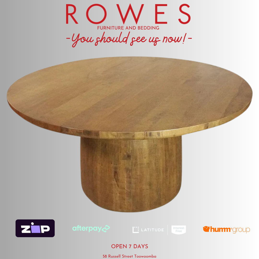 Wooden round table on a gray background with promotional text and logos.