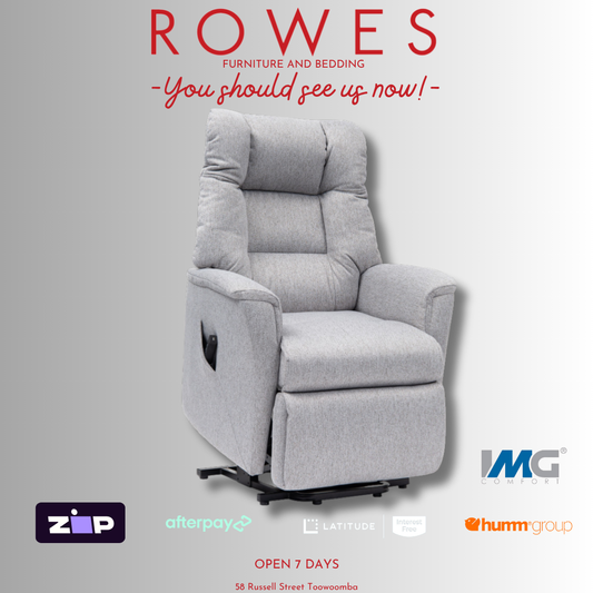 Gray recliner chair with promotional text and logos on a gray background