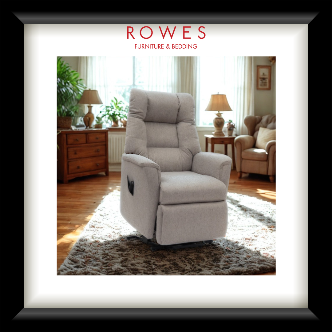 Gray recliner chair in a living room setting with 'Rowes Furniture & Bedding' branding.