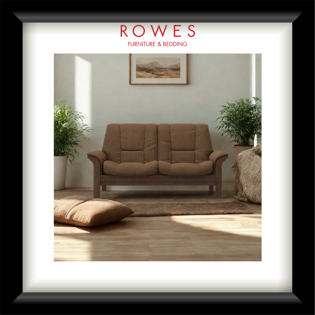 Brown sofa in a room with plants and a painting, branded as Rowes Furniture & Bedding.