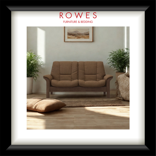 Brown sofa in a room with plants and a painting, branded as Rowes Furniture & Bedding.