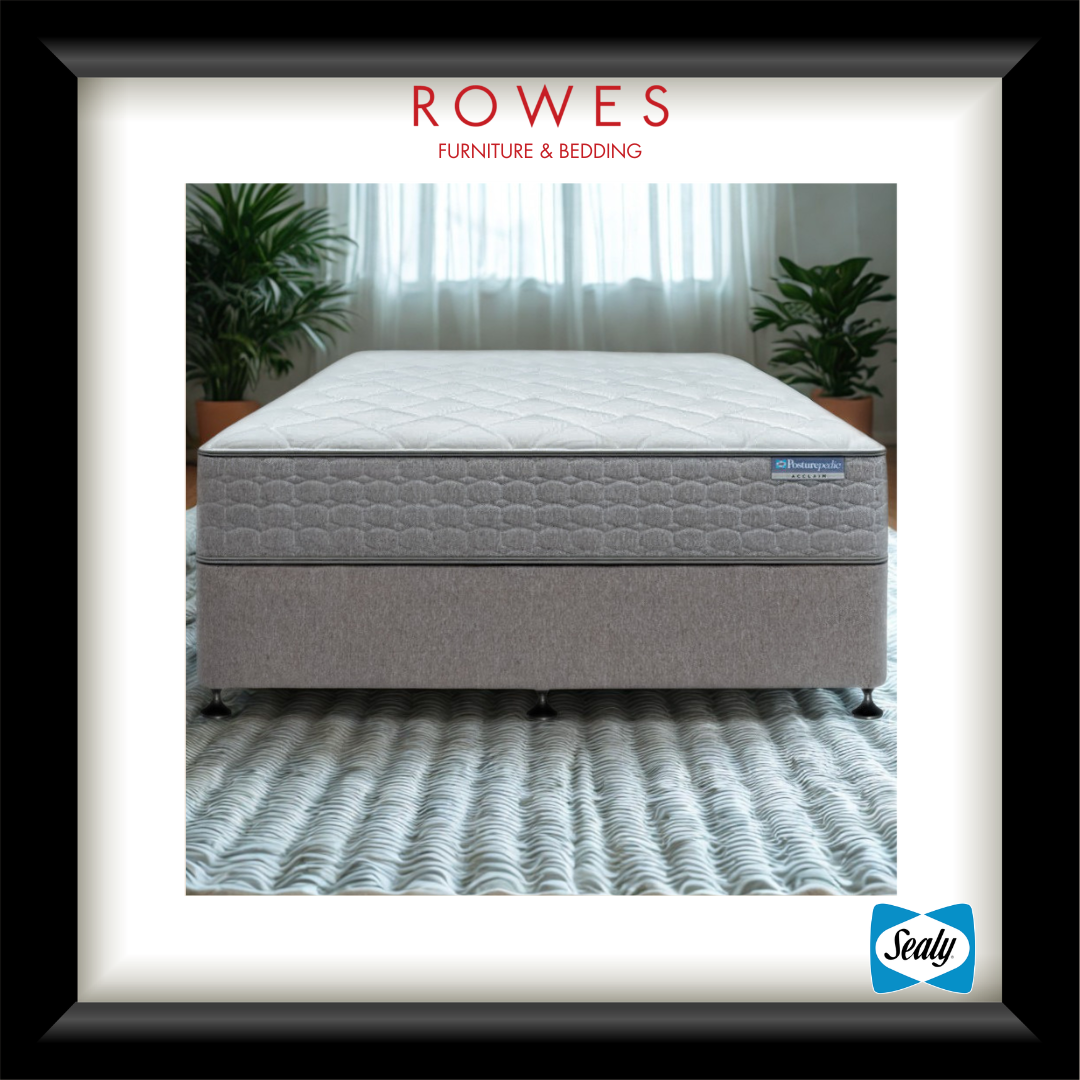 Gray mattress on a bed frame with 'Rowes' and 'Sealy' branding.