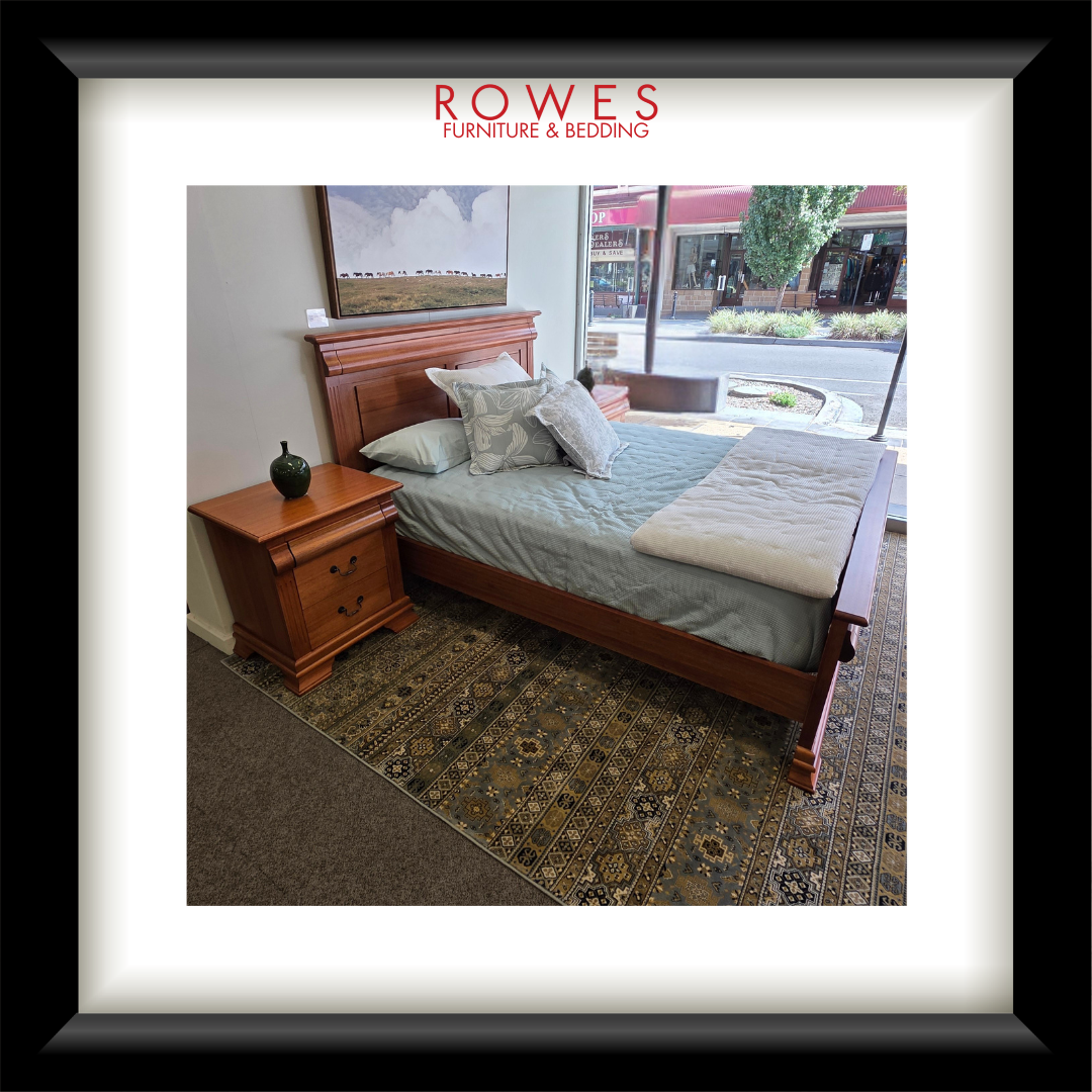 Bedroom scene with wooden bed and nightstand, Rowes Furniture & Bedding logo visible.