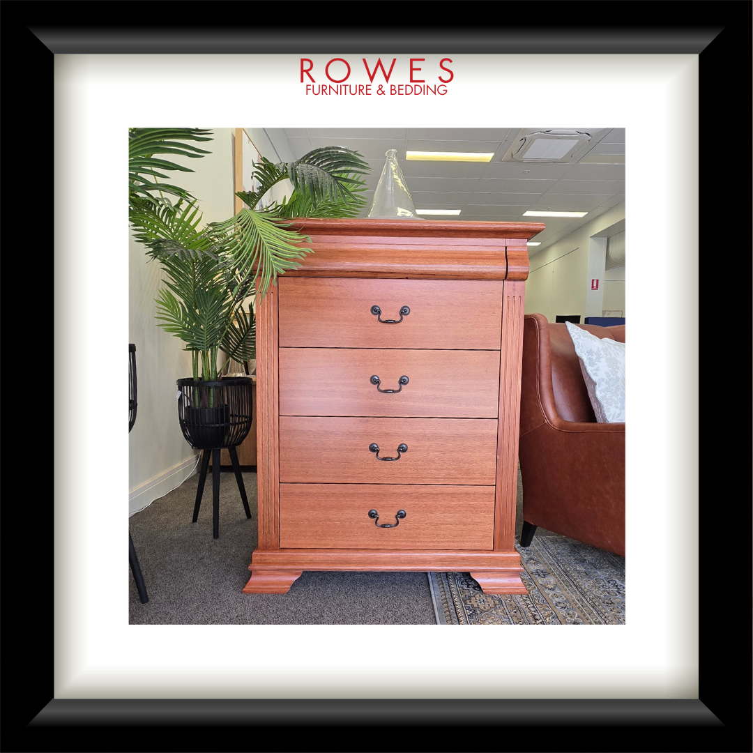 Wooden dresser with 'Rowes Furniture & Bedding' logo in a room setting.