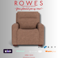 Brown armchair on a gray background with 'Rowes Furniture and Bedding' text and logos.