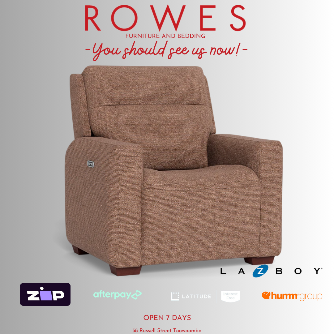 Brown recliner chair with 'Rowes Furniture and Bedding' text and logos on a gray background