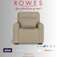Beige armchair on a gray background with 'Rowes Furniture and Bedding' text and logos.