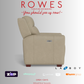 Beige recliner chair with 'Rowes Furniture and Bedding' text and logos on a gray background