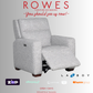 Gray recliner chair with 'Rowes Furniture and Bedding' text and logos on a gray background