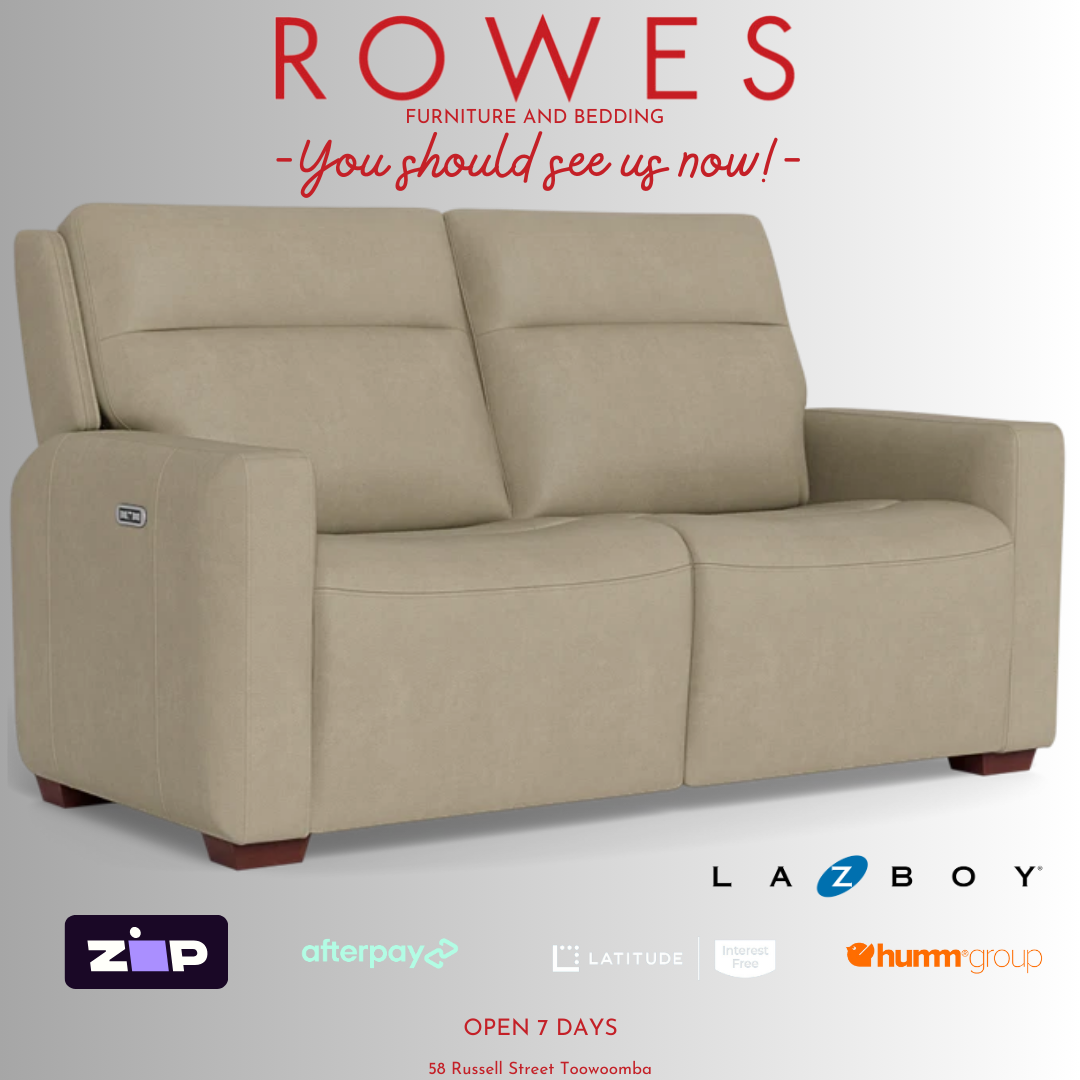 Beige sofa with promotional text and logos on a white background