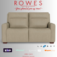 Beige sofa with 'Rowes Furniture and Bedding' text and logos on a gray background