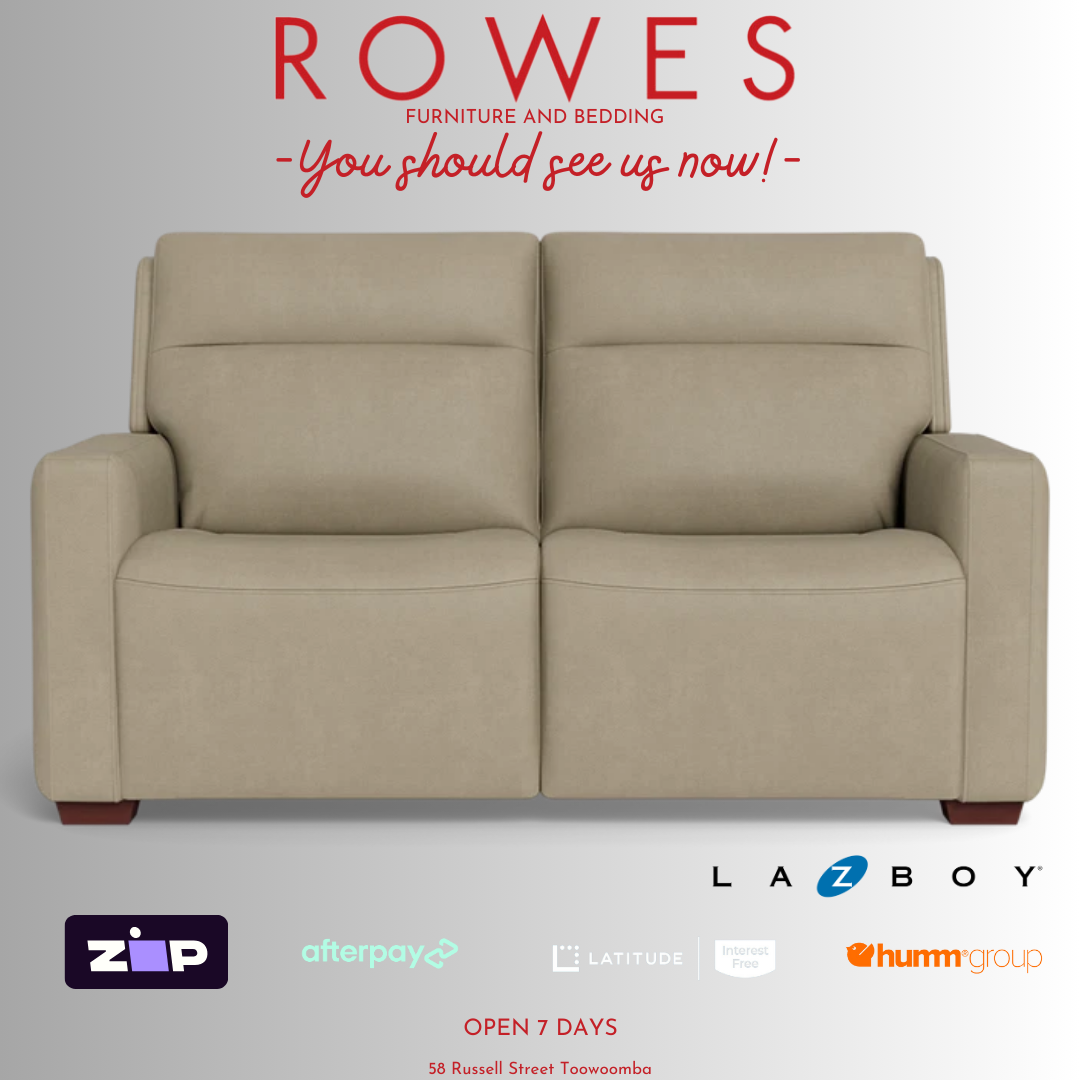 Beige sofa with 'Rowes Furniture and Bedding' text and logos on a gray background