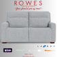 Gray sofa with promotional text and logos on a white background