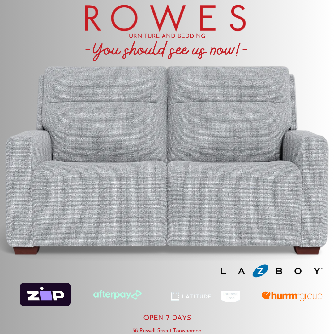 Gray sofa with promotional text and logos on a white background