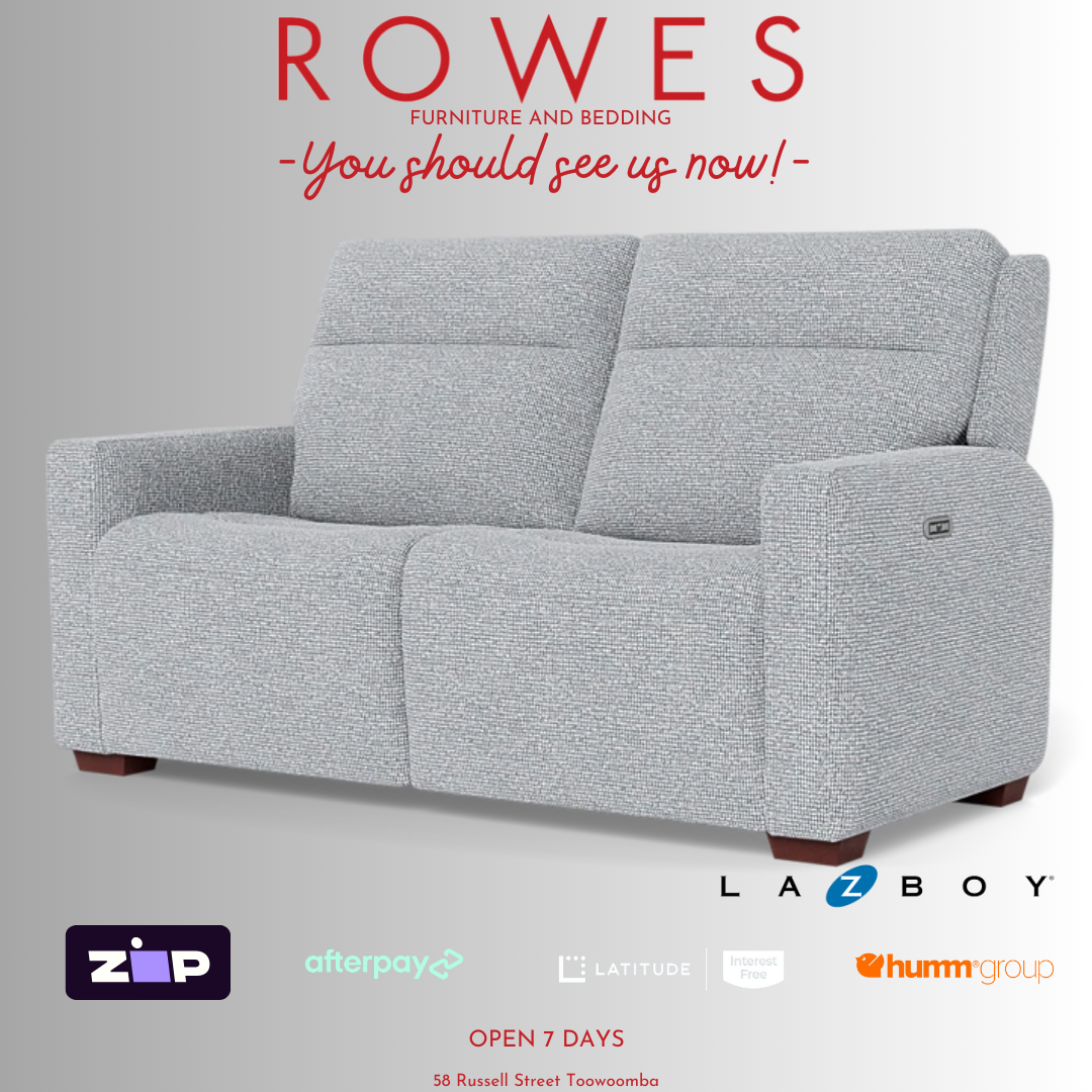 Gray sofa with 'Rowes Furniture and Bedding' text and La-Z-Boy logo on a white background
