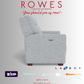 Gray recliner chair with 'Rowes Furniture and Bedding' text and logos on a white background