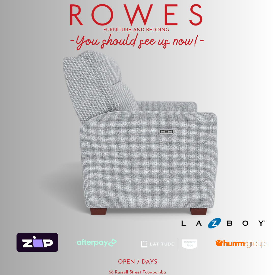 Gray recliner chair with 'Rowes Furniture and Bedding' text and logos on a white background