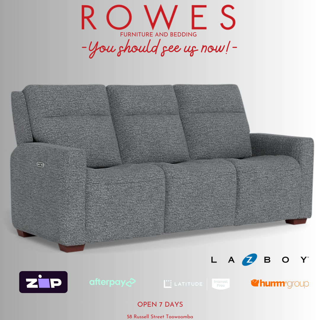 Gray sofa with 'Rowes Furniture and Bedding' text and logos on a white background