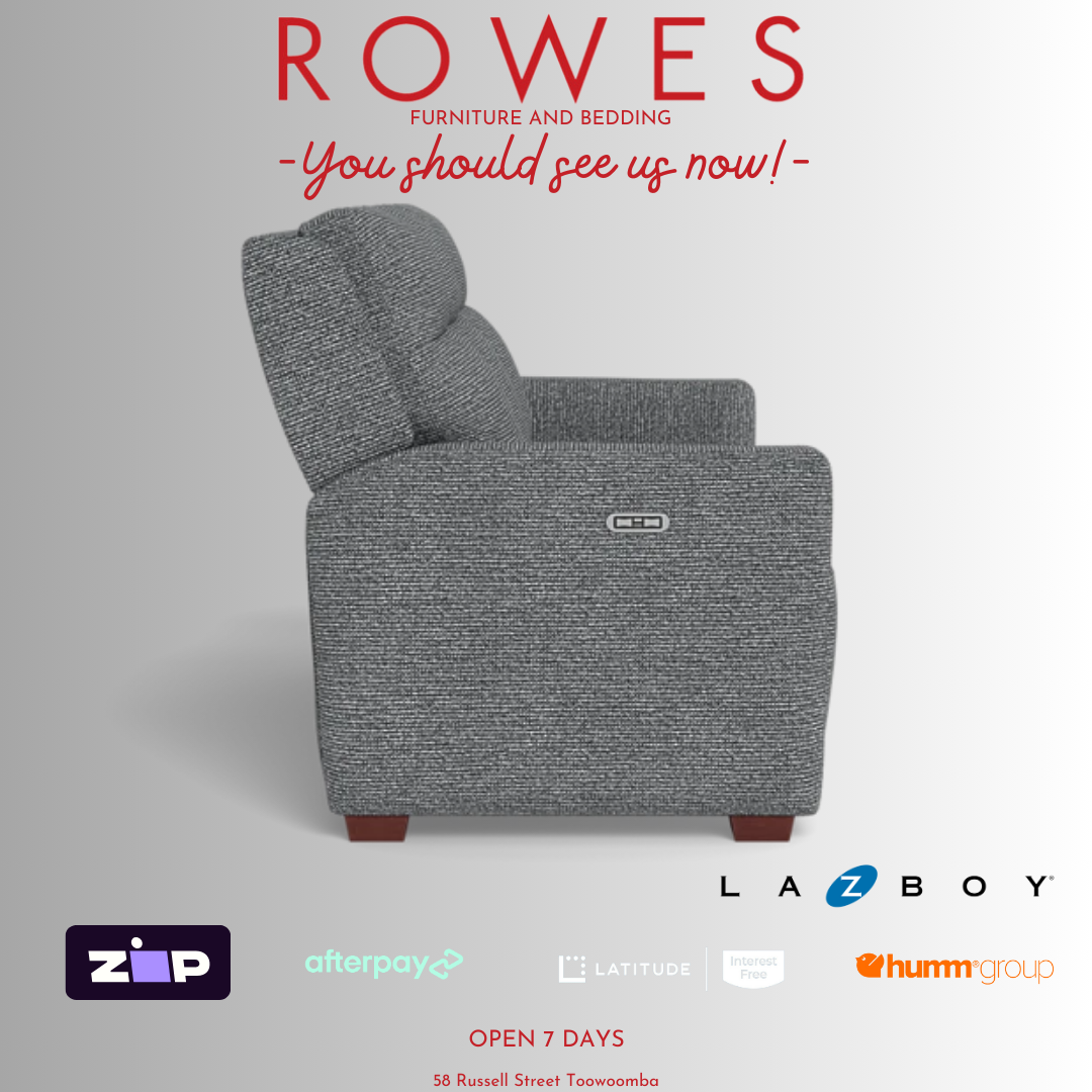 Gray recliner chair with 'Rowes' branding and furniture company logos on a white background.