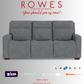 Gray sofa with 'Rowes Furniture and Bedding' text and logos on a white background