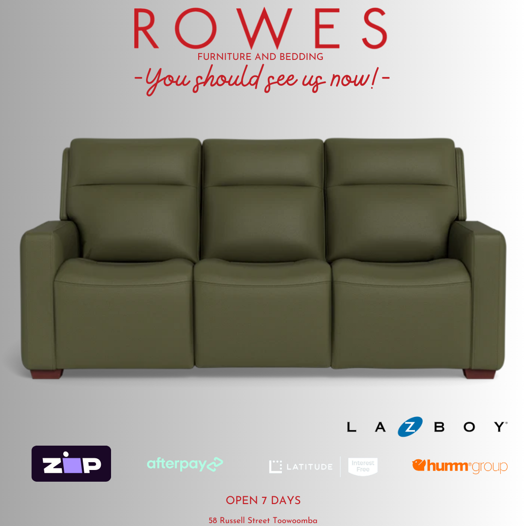 Green sofa with 'Rowes Furniture and Bedding' text and logos on a gray background