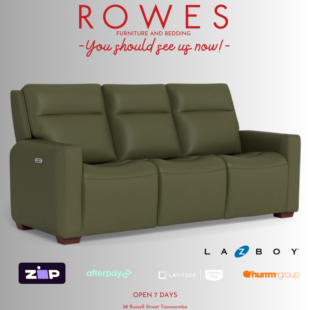 Green sofa with promotional text and logos on a white background