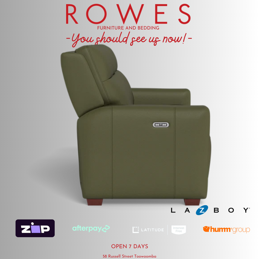 Green recliner chair with 'Rowes Furniture and Bedding' text and La-Z-Boy logo on a gray background.