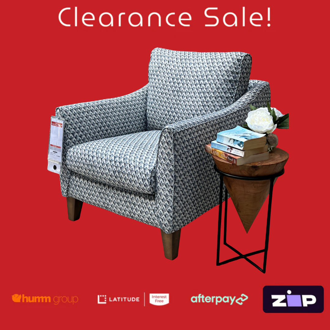 Gray patterned armchair with a small table on a red background, featuring 'Clearance Sale!' text and payment logos.