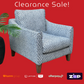 Patterned armchair on a red background with 'Clearance Sale!' text and payment logos.