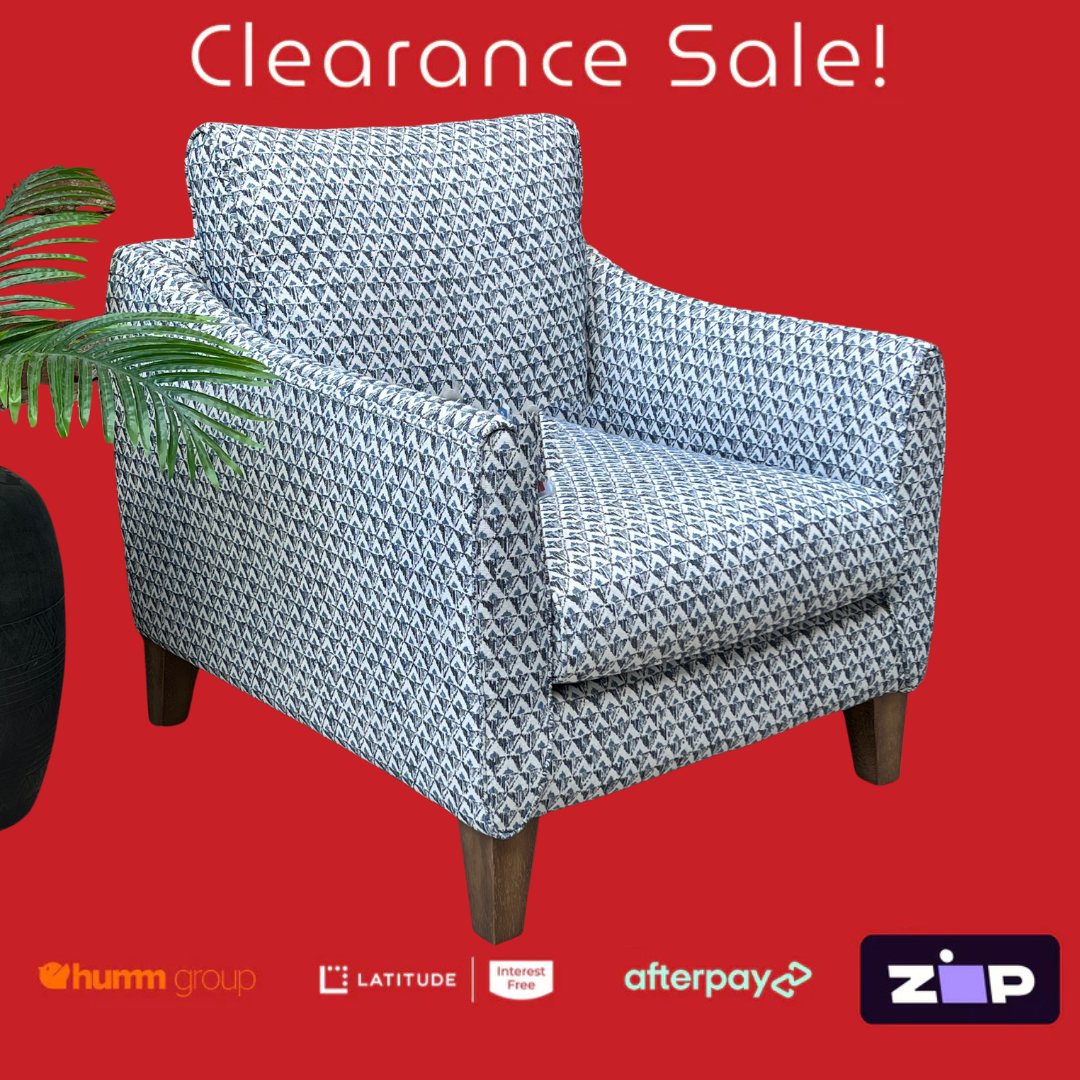 Patterned armchair on a red background with 'Clearance Sale!' text and payment logos.